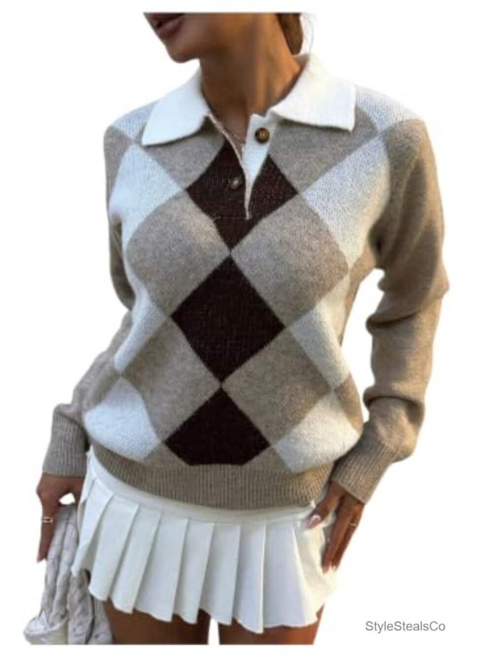 Argyle Plaid Button Collared Sweater Long Sleeve Knit Pullover